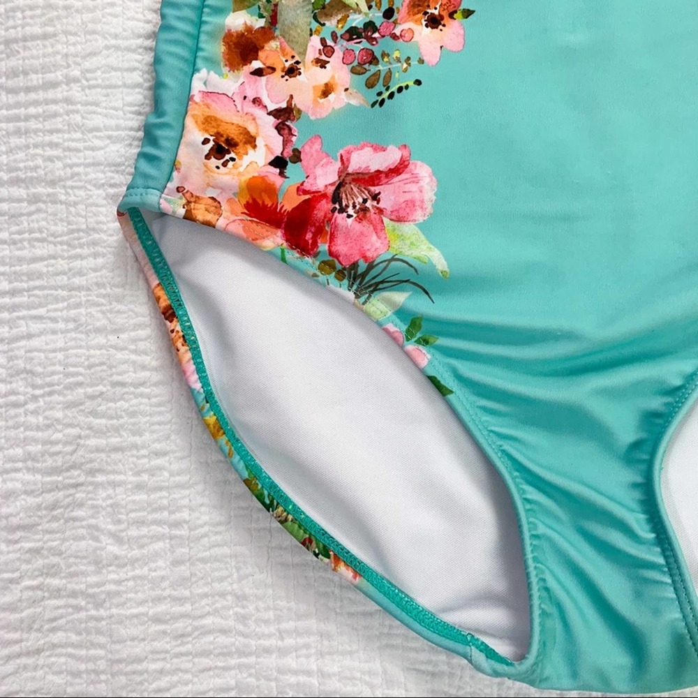 Janela Bay High Waisted Aqua & Pink Floral Swim Bottoms Size Extra Small - Picture 2 of 12